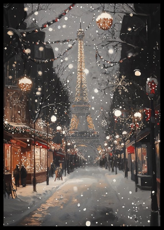 Poster with the Eiffel Tower in winter lighting on a snowy Parisian street-12