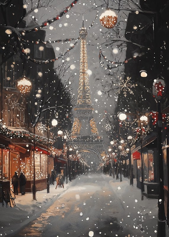 Poster with the Eiffel Tower in winter lighting on a snowy Parisian street-12