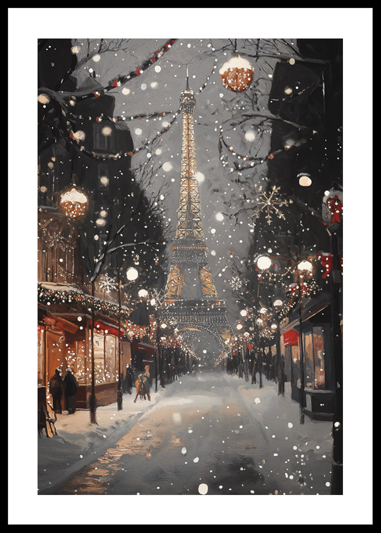Poster with the Eiffel Tower in winter lighting on a snowy Parisian street-12