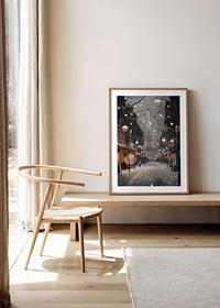 Poster with the Eiffel Tower in winter lighting on a snowy Parisian street-8