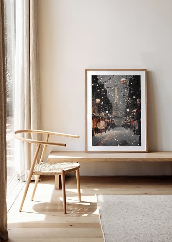 Poster with the Eiffel Tower in winter lighting on a snowy Parisian street-12