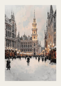 Bytorget om vinteren med snødekte bygninger og tårn-3