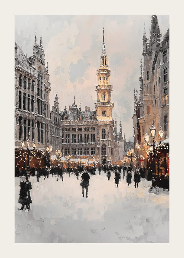 Bytorget om vinteren med snødekte bygninger og tårn-12