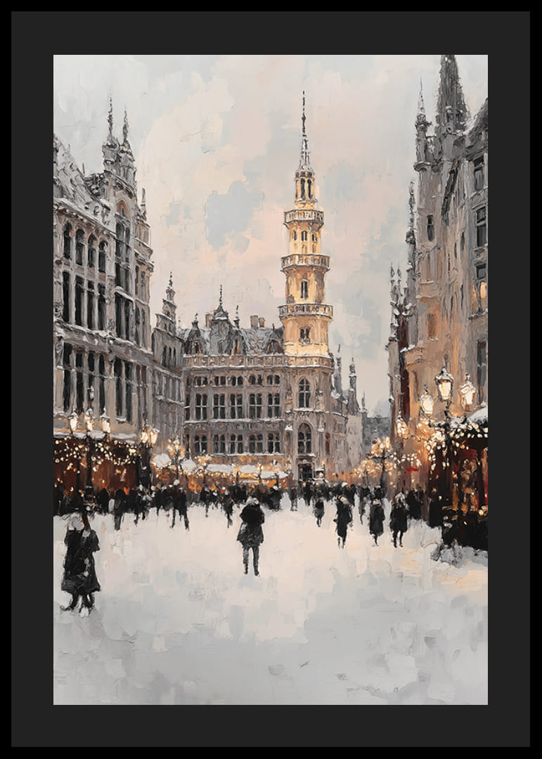 Bytorget om vinteren med snødekte bygninger og tårn-12