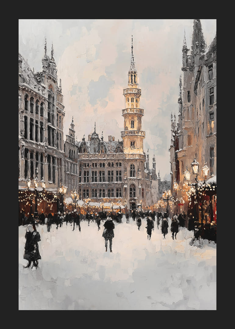 Bytorget om vinteren med snødekte bygninger og tårn-12