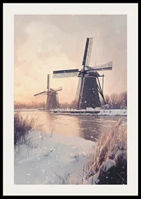 Painted windmills by frozen canal in wintry landscape-2