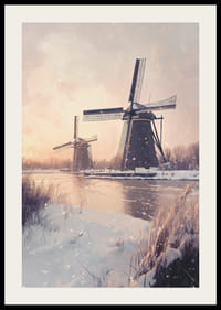 Malte vindmøller ved frossen kanal i vinterlandskap-2