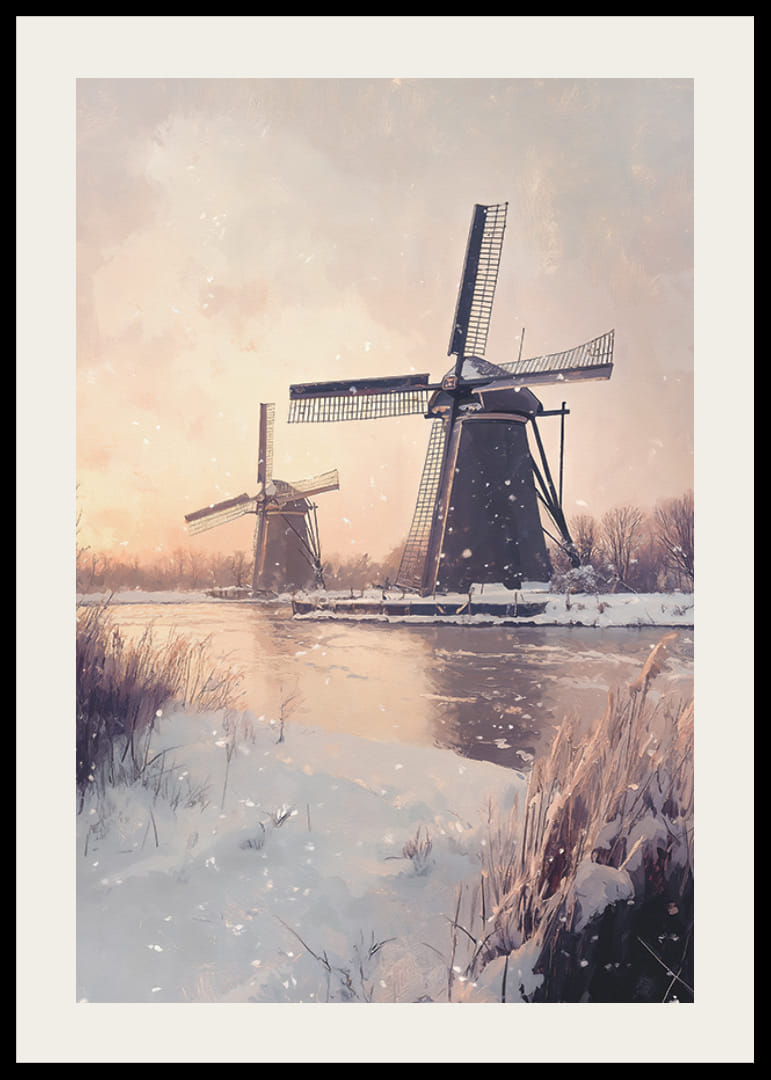 Malte vindmøller ved frossen kanal i vinterlandskap-12