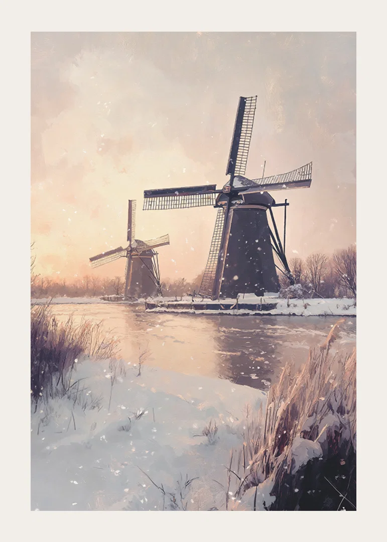 Painted windmills by frozen canal in wintry landscape-12