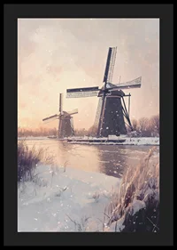 Painted windmills by frozen canal in wintry landscape-4