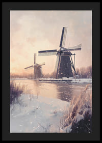 Malte vindmøller ved frossen kanal i vinterlandskap-4