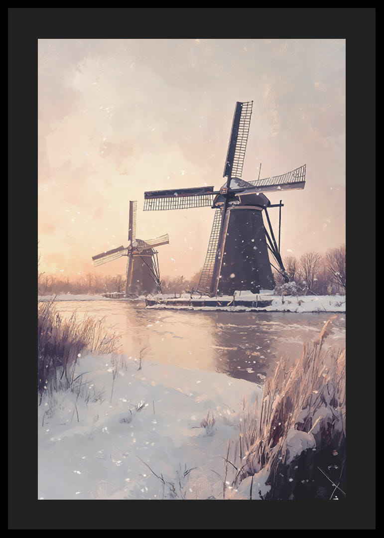 Malte vindmøller ved frossen kanal i vinterlandskap-12