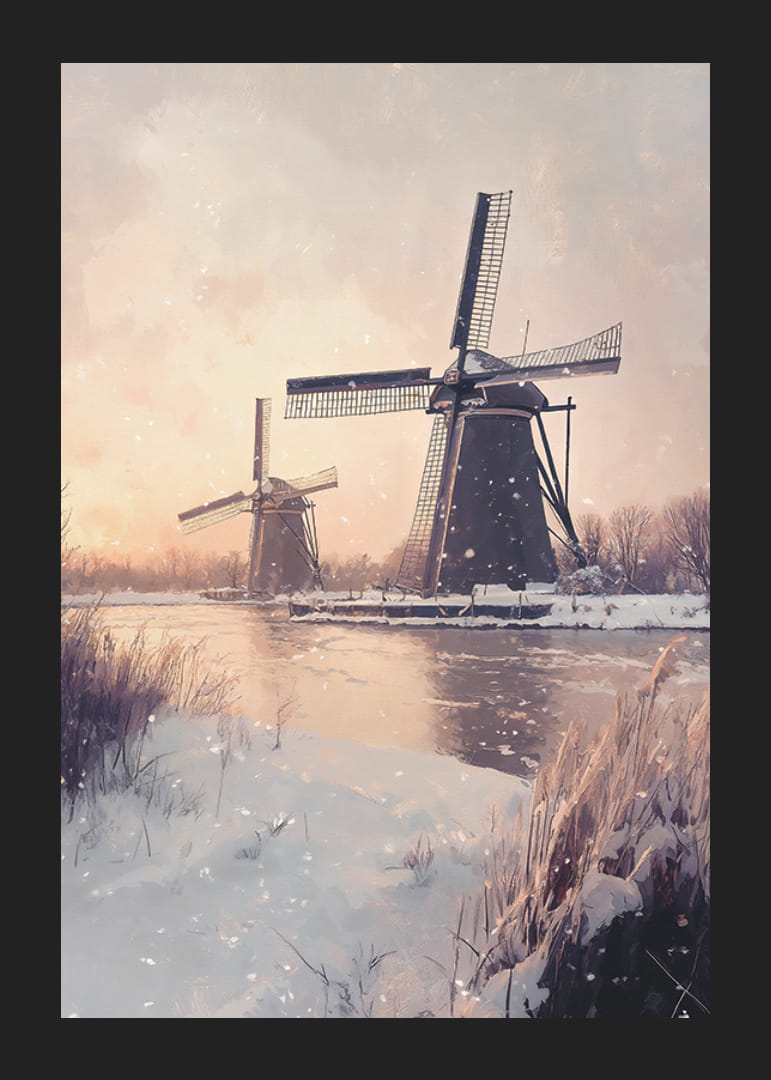 Malte vindmøller ved frossen kanal i vinterlandskap-12