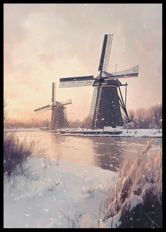 Painted windmills by frozen canal in wintry landscape-12