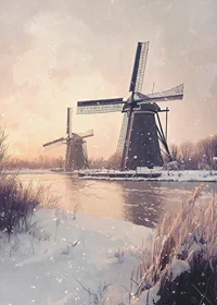 Painted windmills by frozen canal in wintry landscape-7