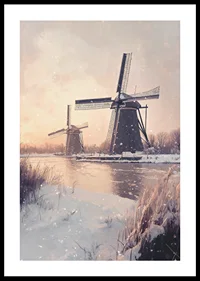Painted windmills by frozen canal in wintry landscape-0