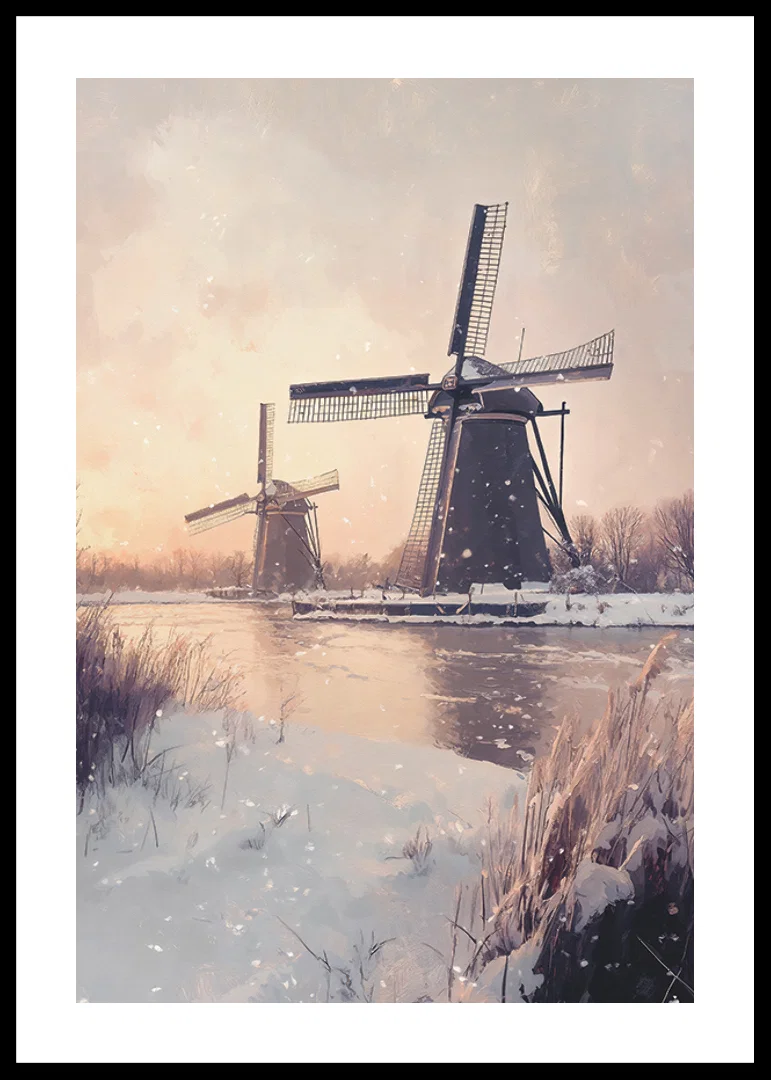 Painted windmills by frozen canal in wintry landscape-12