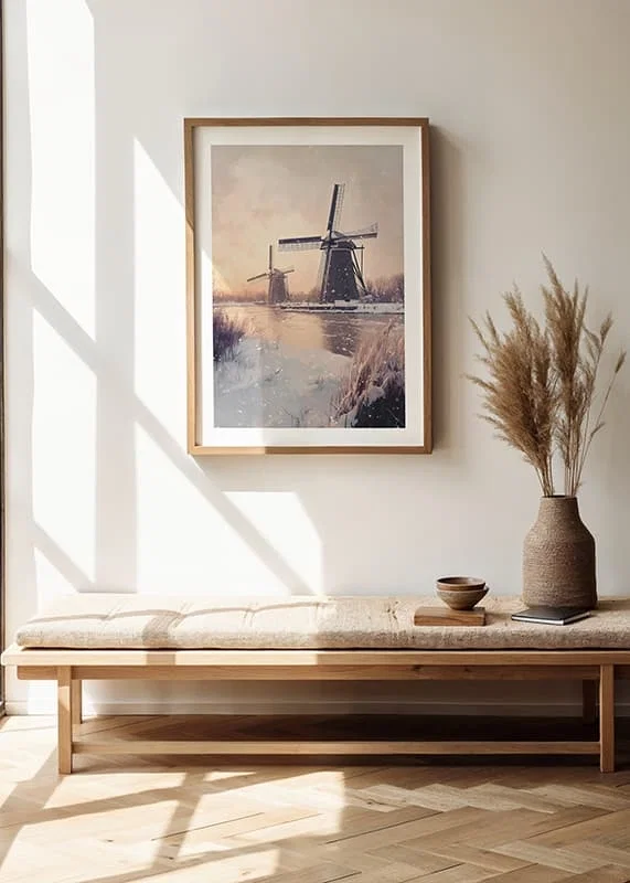 Painted windmills by frozen canal in wintry landscape-12