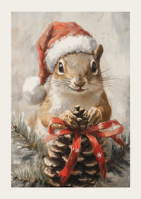 Ardilla ilustrada con gorro de Papá Noel y piña con lazo rojo-3