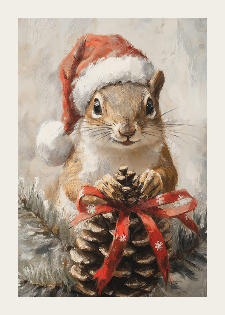 Ardilla ilustrada con gorro de Papá Noel y piña con lazo rojo-12