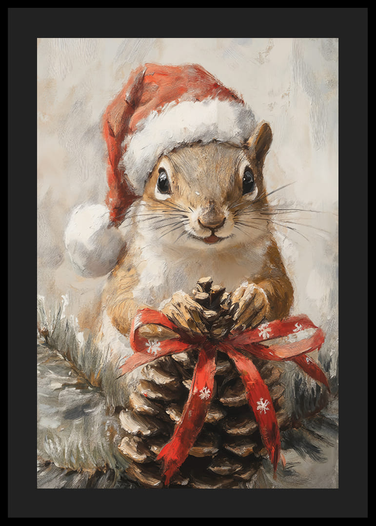 Ardilla ilustrada con gorro de Papá Noel y piña con lazo rojo-12