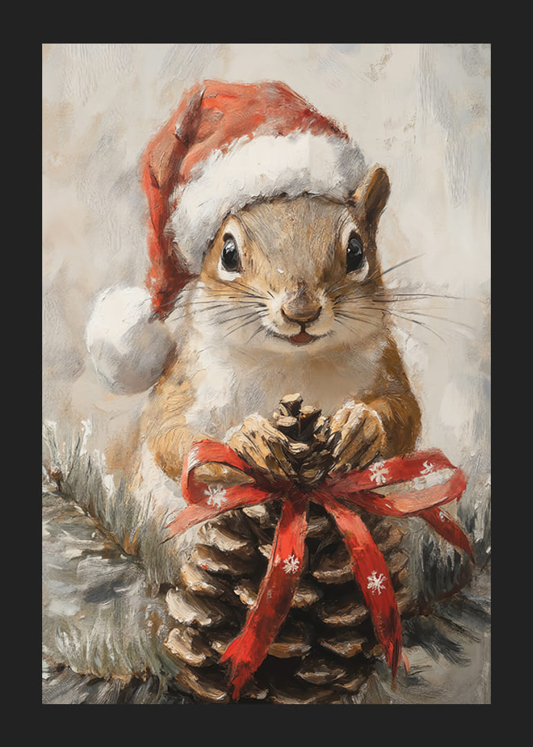 Ardilla ilustrada con gorro de Papá Noel y piña con lazo rojo-12