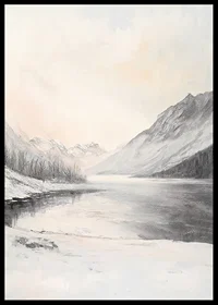 Landscape with snow-capped mountains, frozen lake and pale sky-6