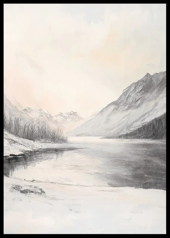 Landscape with snow-capped mountains, frozen lake and pale sky-12