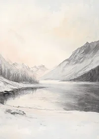 Landscape with snow-capped mountains, frozen lake and pale sky-7