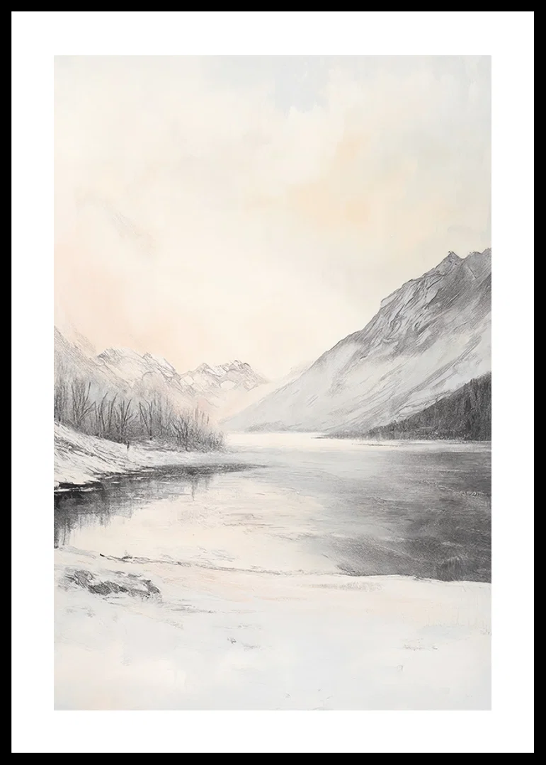 Landscape with snow-capped mountains, frozen lake and pale sky-12