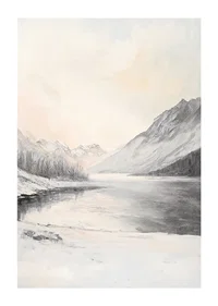 Landscape with snow-capped mountains, frozen lake and pale sky-1
