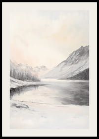 Tájkép hófödte hegyekkel, befagyott tóval és sápadt égbolttal-2