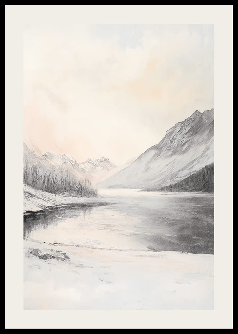 Tájkép hófödte hegyekkel, befagyott tóval és sápadt égbolttal-12