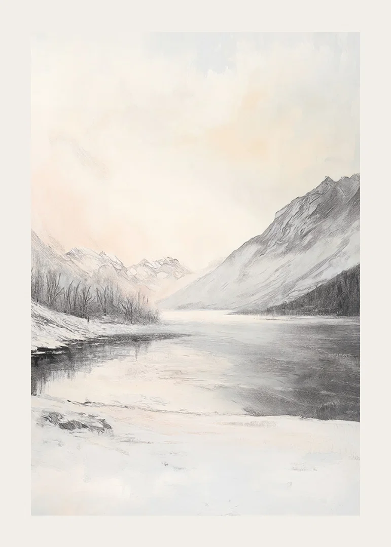 Landscape with snow-capped mountains, frozen lake and pale sky-12