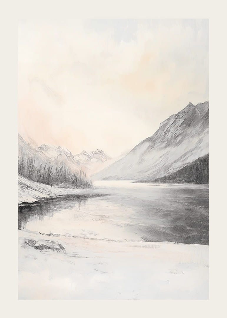 Tájkép hófödte hegyekkel, befagyott tóval és sápadt égbolttal-12