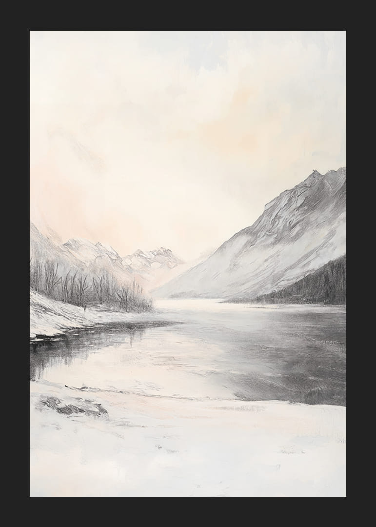 Tájkép hófödte hegyekkel, befagyott tóval és sápadt égbolttal-12