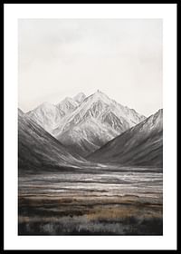 Plakat med et maleri af en dal under et mægtigt bjerglandskab-0