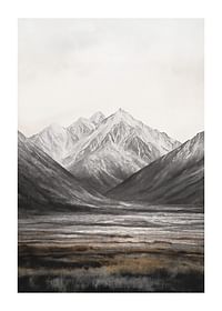 Plakat med et maleri af en dal under et mægtigt bjerglandskab-1