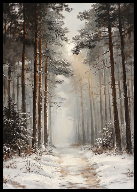 Poster met een schilderij van een winterpad door een besneeuwd bos-12