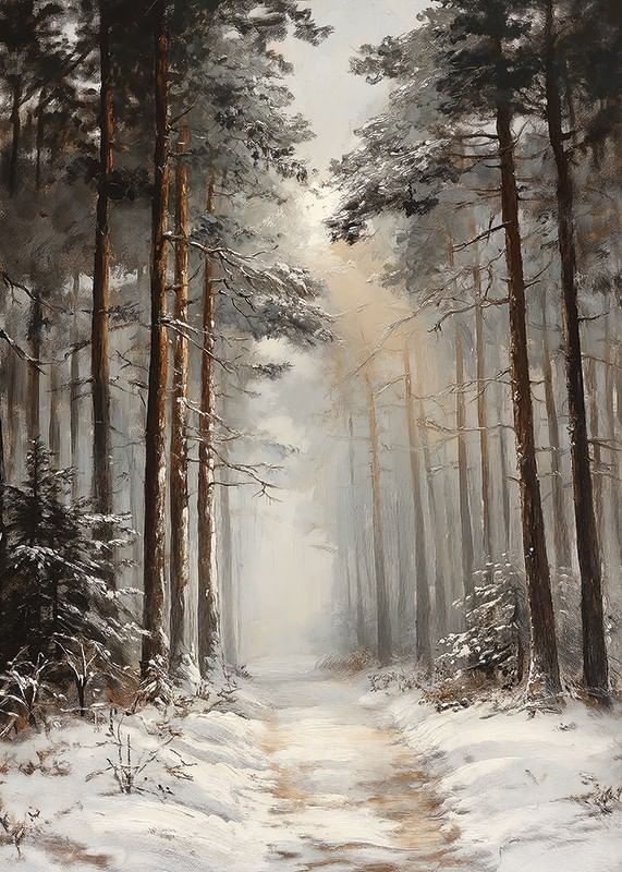 Poster met een schilderij van een winterpad door een besneeuwd bos-12