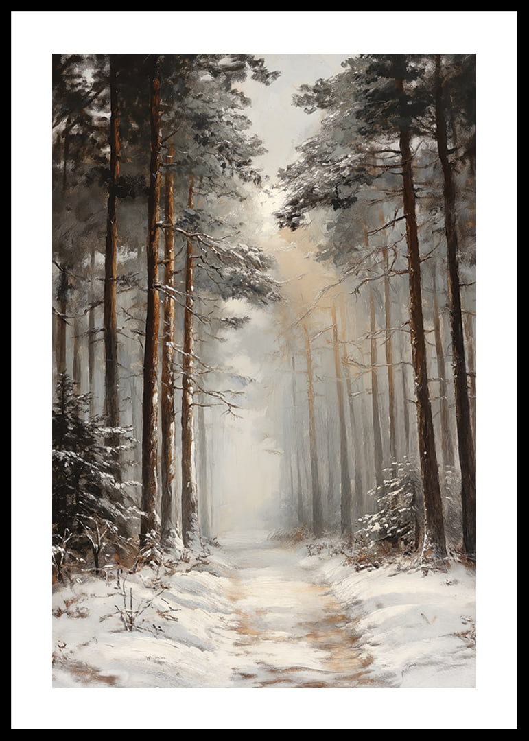 Painted winter path through snow-covered pine forest with fog-12
