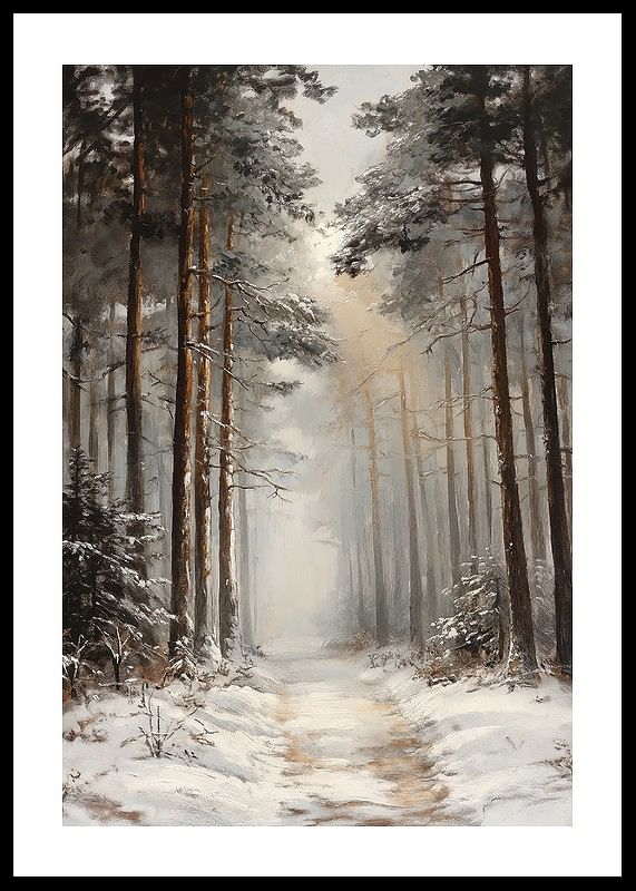 Poster met een schilderij van een winterpad door een besneeuwd bos-12