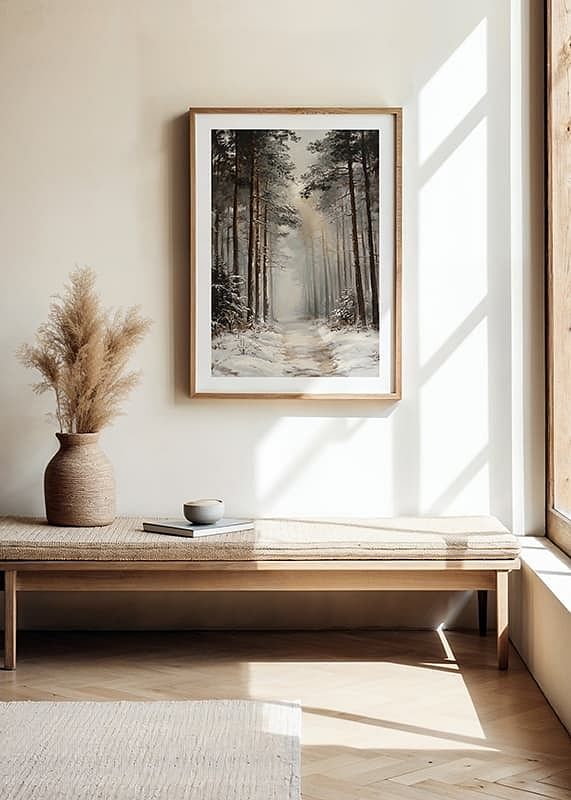 Poster met een schilderij van een winterpad door een besneeuwd bos-12