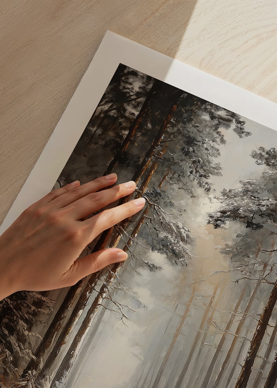 Painted winter path through snow-covered pine forest with fog-12