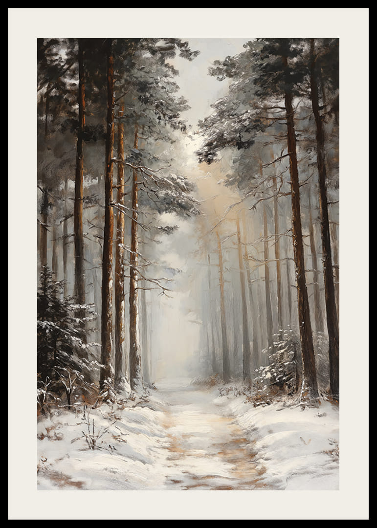 Sentiero invernale dipinto attraverso una foresta di pini innevata con nebbia-12