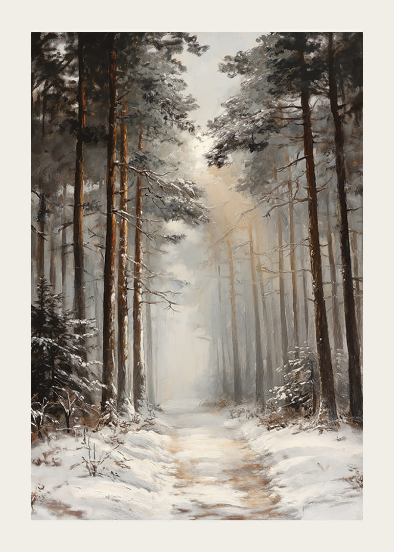 Sentiero invernale dipinto attraverso una foresta di pini innevata con nebbia-12