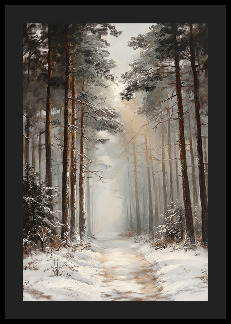 Sentiero invernale dipinto attraverso una foresta di pini innevata con nebbia-12