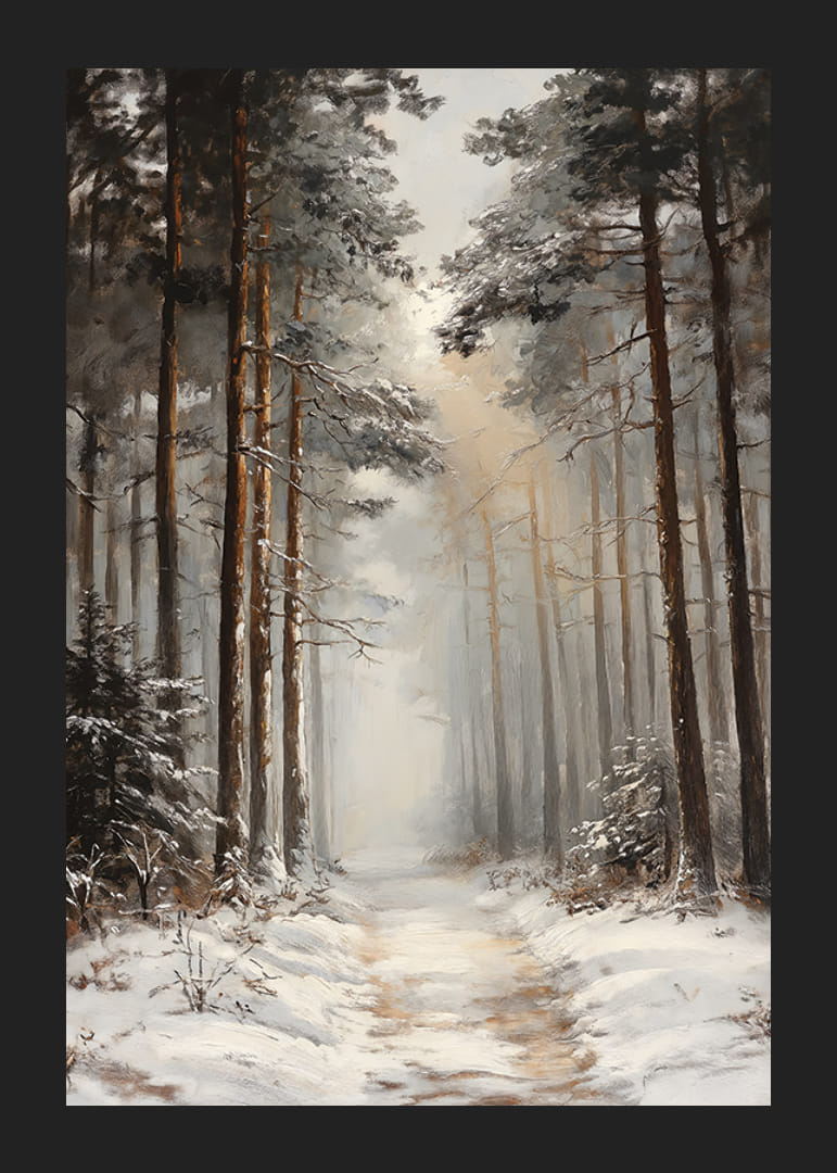 Sentiero invernale dipinto attraverso una foresta di pini innevata con nebbia-12