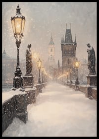 Illustrated winter view of snow-covered bridge with statues and lanterns-6