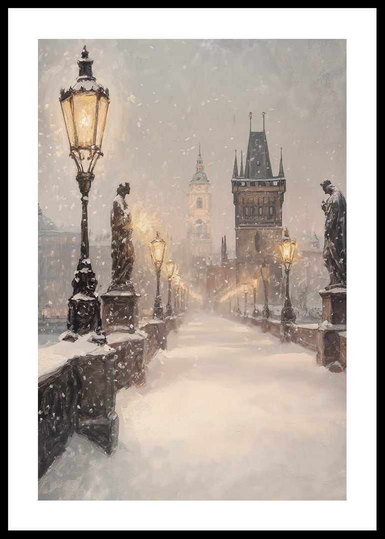 Illustrated winter view of snow-covered bridge with statues and lanterns-12